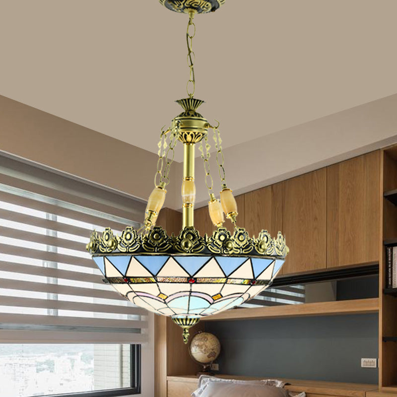 3/4 Lights Chandelier Mediterranean Domed Stained Glass Hanging Light Kit in Yellow/Blue for Kitchen, 12"/16" W Clearhalo 'Ceiling Lights' 'Chandeliers' 'Industrial' 'Middle Century Chandeliers' 'Tiffany Chandeliers' 'Tiffany close to ceiling' 'Tiffany' Lighting' 318343