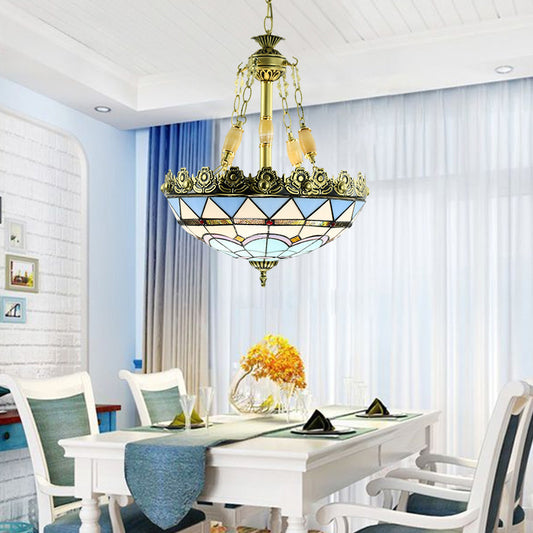 3/4 Lights Chandelier Mediterranean Domed Stained Glass Hanging Light Kit in Yellow/Blue for Kitchen, 12"/16" W Clearhalo 'Ceiling Lights' 'Chandeliers' 'Industrial' 'Middle Century Chandeliers' 'Tiffany Chandeliers' 'Tiffany close to ceiling' 'Tiffany' Lighting' 318344