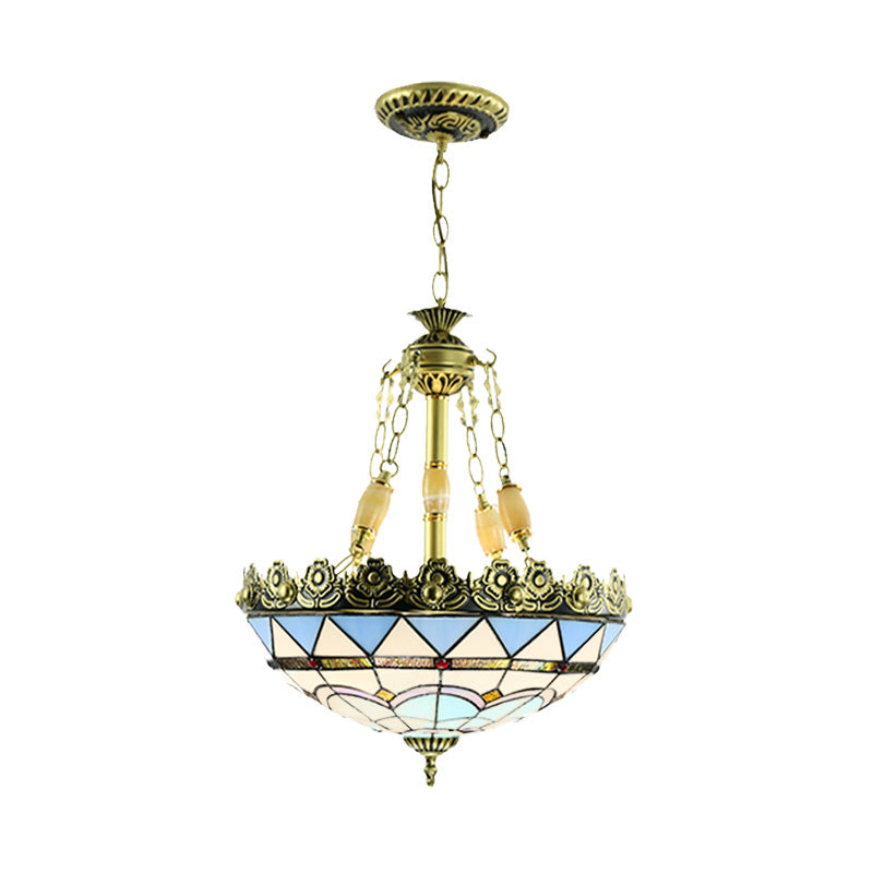 3/4 Lights Chandelier Mediterranean Domed Stained Glass Hanging Light Kit in Yellow/Blue for Kitchen, 12"/16" W Clearhalo 'Ceiling Lights' 'Chandeliers' 'Industrial' 'Middle Century Chandeliers' 'Tiffany Chandeliers' 'Tiffany close to ceiling' 'Tiffany' Lighting' 318345