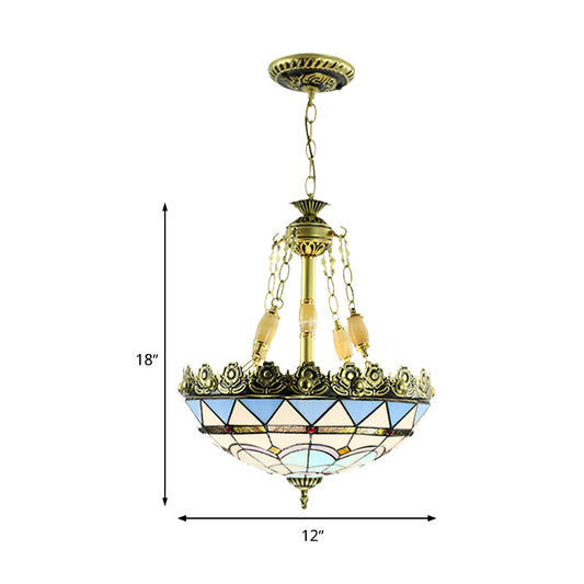 3/4 Lights Chandelier Mediterranean Domed Stained Glass Hanging Light Kit in Yellow/Blue for Kitchen, 12"/16" W Clearhalo 'Ceiling Lights' 'Chandeliers' 'Industrial' 'Middle Century Chandeliers' 'Tiffany Chandeliers' 'Tiffany close to ceiling' 'Tiffany' Lighting' 318346