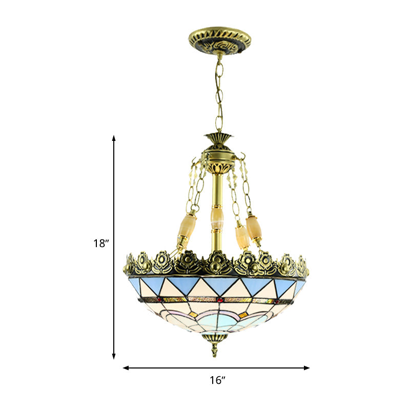 3/4 Lights Chandelier Mediterranean Domed Stained Glass Hanging Light Kit in Yellow/Blue for Kitchen, 12"/16" W Clearhalo 'Ceiling Lights' 'Chandeliers' 'Industrial' 'Middle Century Chandeliers' 'Tiffany Chandeliers' 'Tiffany close to ceiling' 'Tiffany' Lighting' 318347