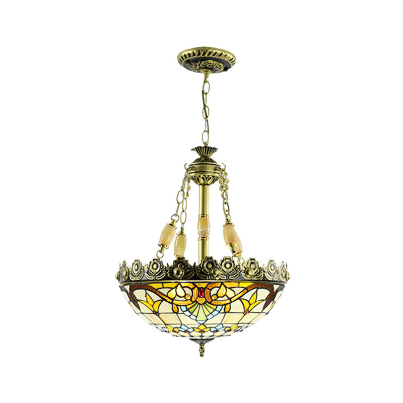 3/4 Lights Chandelier Mediterranean Domed Stained Glass Hanging Light Kit in Yellow/Blue for Kitchen, 12"/16" W Clearhalo 'Ceiling Lights' 'Chandeliers' 'Industrial' 'Middle Century Chandeliers' 'Tiffany Chandeliers' 'Tiffany close to ceiling' 'Tiffany' Lighting' 318349