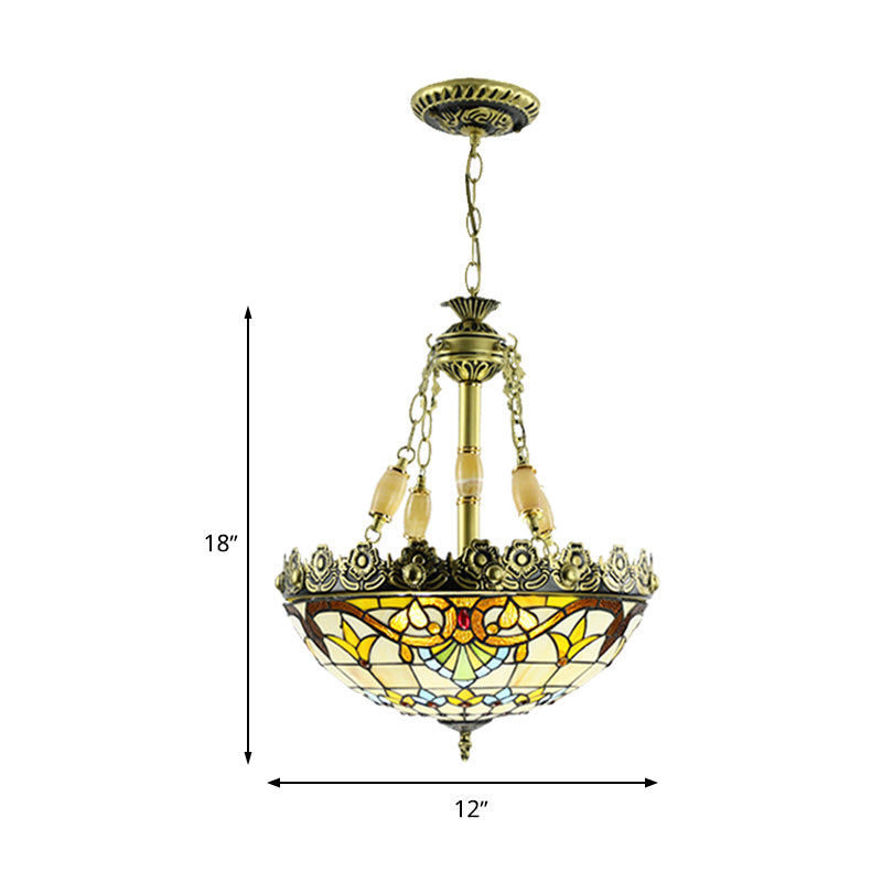 3/4 Lights Chandelier Mediterranean Domed Stained Glass Hanging Light Kit in Yellow/Blue for Kitchen, 12"/16" W Clearhalo 'Ceiling Lights' 'Chandeliers' 'Industrial' 'Middle Century Chandeliers' 'Tiffany Chandeliers' 'Tiffany close to ceiling' 'Tiffany' Lighting' 318350