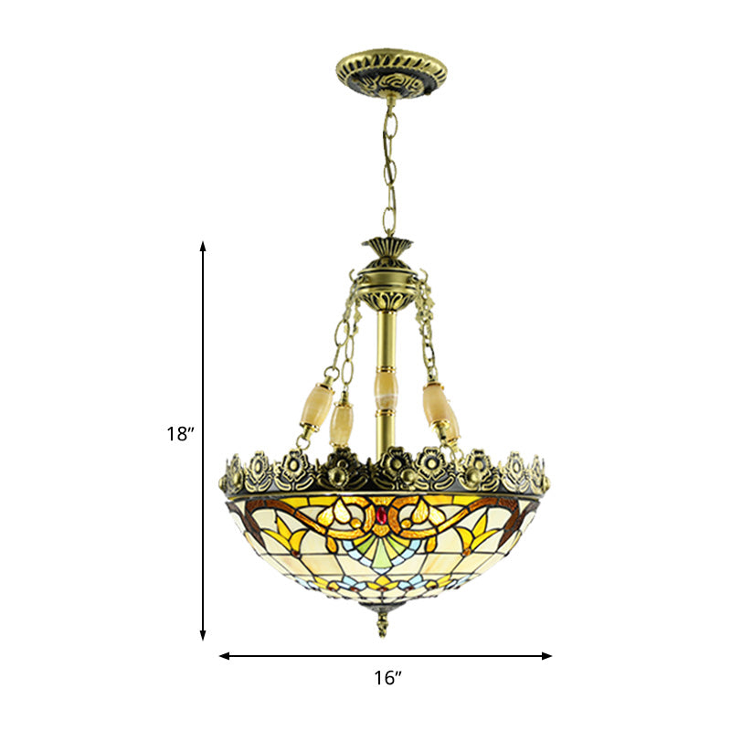 3/4 Lights Chandelier Mediterranean Domed Stained Glass Hanging Light Kit in Yellow/Blue for Kitchen, 12"/16" W Clearhalo 'Ceiling Lights' 'Chandeliers' 'Industrial' 'Middle Century Chandeliers' 'Tiffany Chandeliers' 'Tiffany close to ceiling' 'Tiffany' Lighting' 318351