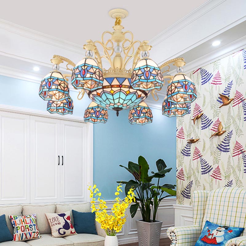 Blue 6/9/11 Lights Chandelier Light Victorian Cut Glass Domed Shade Suspension Pendant for Living Room 11 Blue Clearhalo 'Ceiling Lights' 'Chandeliers' 'Industrial' 'Middle Century Chandeliers' 'Tiffany Chandeliers' 'Tiffany close to ceiling' 'Tiffany' Lighting' 318387