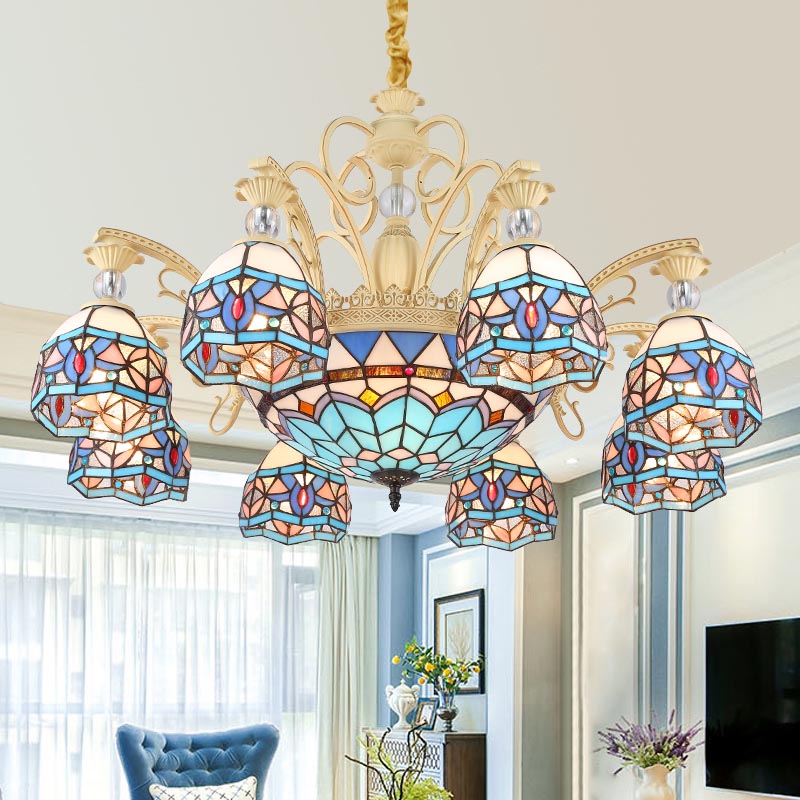 Blue 6/9/11 Lights Chandelier Light Victorian Cut Glass Domed Shade Suspension Pendant for Living Room Clearhalo 'Ceiling Lights' 'Chandeliers' 'Industrial' 'Middle Century Chandeliers' 'Tiffany Chandeliers' 'Tiffany close to ceiling' 'Tiffany' Lighting' 318388