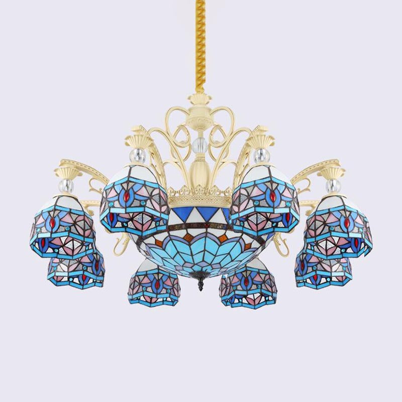 Blue 6/9/11 Lights Chandelier Light Victorian Cut Glass Domed Shade Suspension Pendant for Living Room Clearhalo 'Ceiling Lights' 'Chandeliers' 'Industrial' 'Middle Century Chandeliers' 'Tiffany Chandeliers' 'Tiffany close to ceiling' 'Tiffany' Lighting' 318389