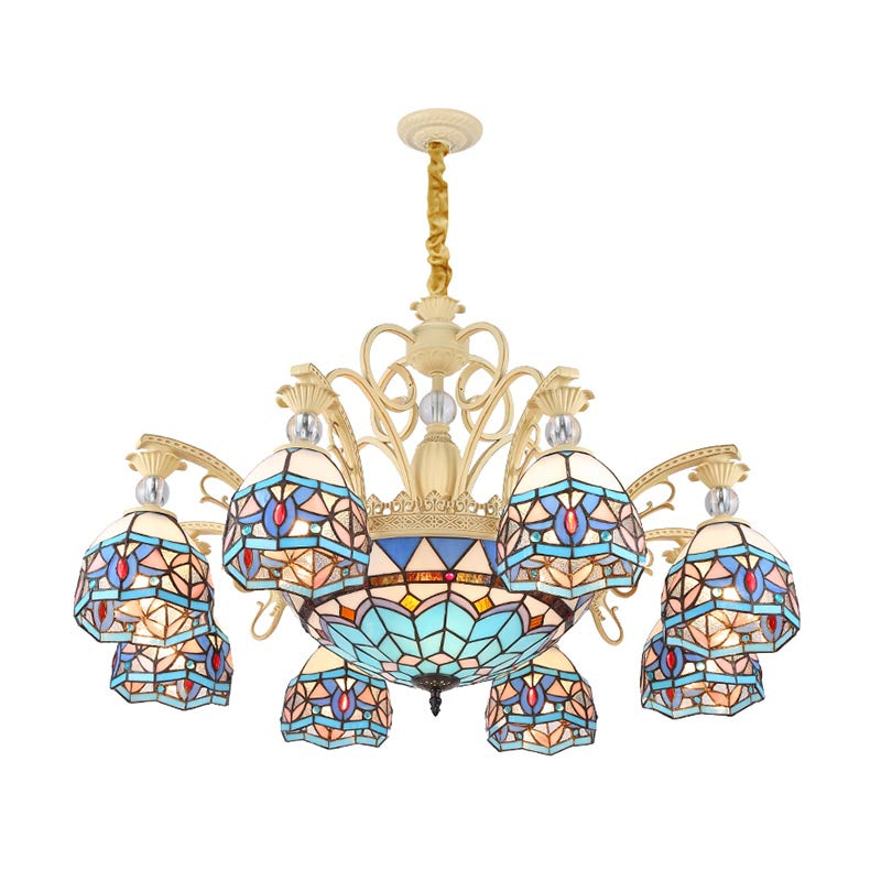 Blue 6/9/11 Lights Chandelier Light Victorian Cut Glass Domed Shade Suspension Pendant for Living Room Clearhalo 'Ceiling Lights' 'Chandeliers' 'Industrial' 'Middle Century Chandeliers' 'Tiffany Chandeliers' 'Tiffany close to ceiling' 'Tiffany' Lighting' 318390