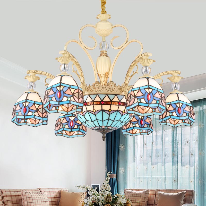 Blue 6/9/11 Lights Chandelier Light Victorian Cut Glass Domed Shade Suspension Pendant for Living Room 9 Blue Clearhalo 'Ceiling Lights' 'Chandeliers' 'Industrial' 'Middle Century Chandeliers' 'Tiffany Chandeliers' 'Tiffany close to ceiling' 'Tiffany' Lighting' 318392
