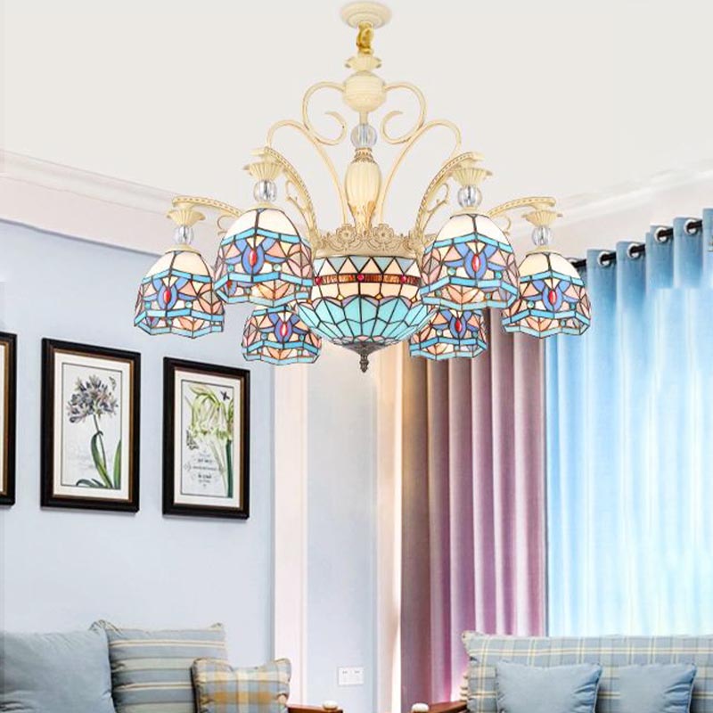 Blue 6/9/11 Lights Chandelier Light Victorian Cut Glass Domed Shade Suspension Pendant for Living Room Clearhalo 'Ceiling Lights' 'Chandeliers' 'Industrial' 'Middle Century Chandeliers' 'Tiffany Chandeliers' 'Tiffany close to ceiling' 'Tiffany' Lighting' 318393