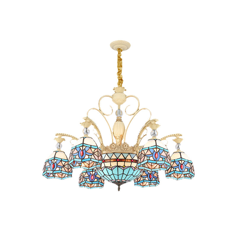 Blue 6/9/11 Lights Chandelier Light Victorian Cut Glass Domed Shade Suspension Pendant for Living Room Clearhalo 'Ceiling Lights' 'Chandeliers' 'Industrial' 'Middle Century Chandeliers' 'Tiffany Chandeliers' 'Tiffany close to ceiling' 'Tiffany' Lighting' 318394