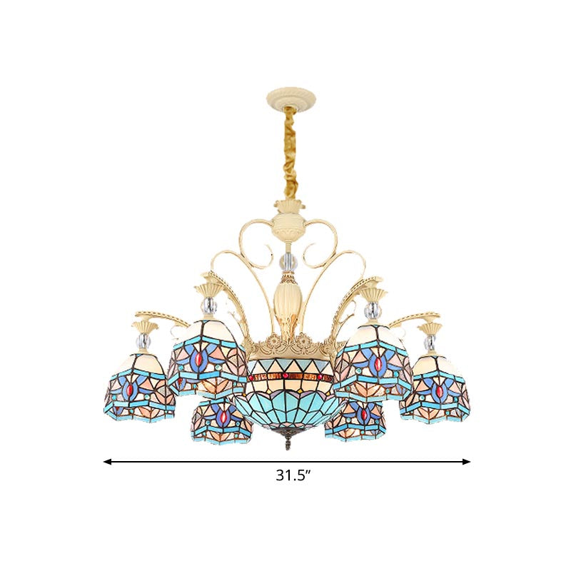 Blue 6/9/11 Lights Chandelier Light Victorian Cut Glass Domed Shade Suspension Pendant for Living Room Clearhalo 'Ceiling Lights' 'Chandeliers' 'Industrial' 'Middle Century Chandeliers' 'Tiffany Chandeliers' 'Tiffany close to ceiling' 'Tiffany' Lighting' 318395