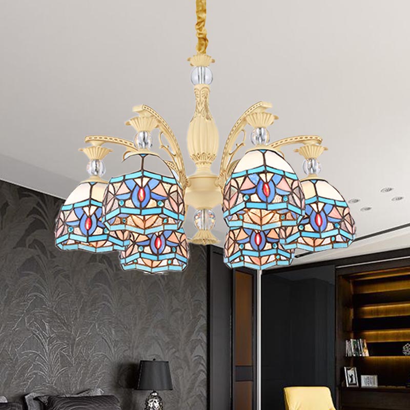 Blue 6/9/11 Lights Chandelier Light Victorian Cut Glass Domed Shade Suspension Pendant for Living Room 6 Blue Clearhalo 'Ceiling Lights' 'Chandeliers' 'Industrial' 'Middle Century Chandeliers' 'Tiffany Chandeliers' 'Tiffany close to ceiling' 'Tiffany' Lighting' 318396