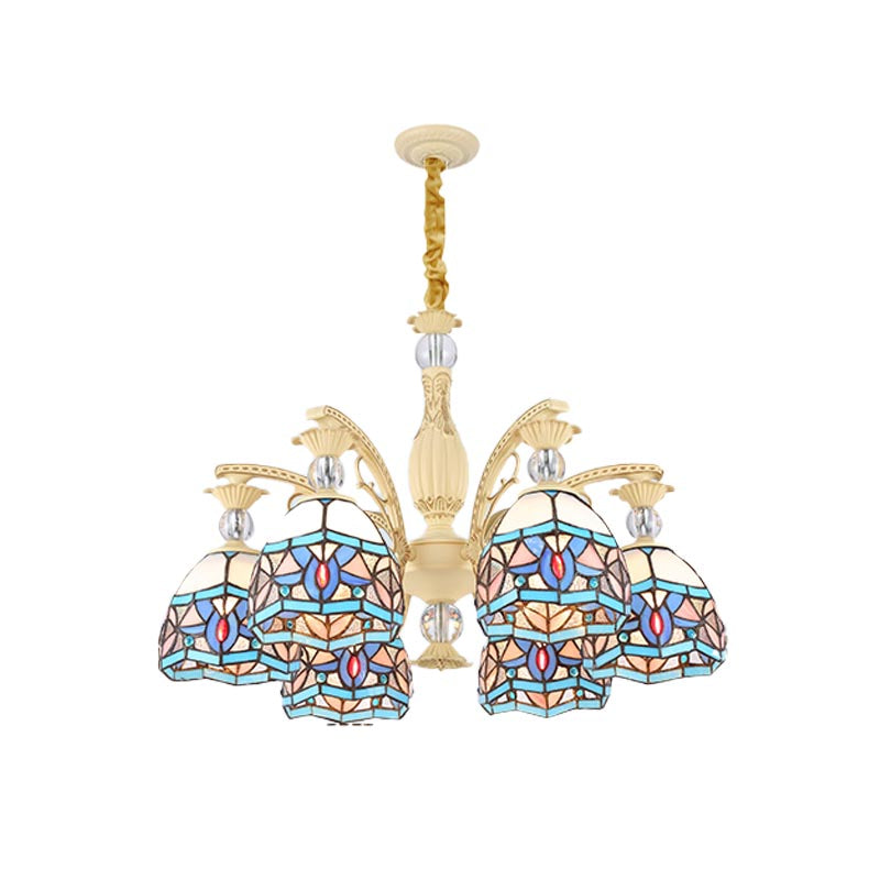 Blue 6/9/11 Lights Chandelier Light Victorian Cut Glass Domed Shade Suspension Pendant for Living Room Clearhalo 'Ceiling Lights' 'Chandeliers' 'Industrial' 'Middle Century Chandeliers' 'Tiffany Chandeliers' 'Tiffany close to ceiling' 'Tiffany' Lighting' 318398