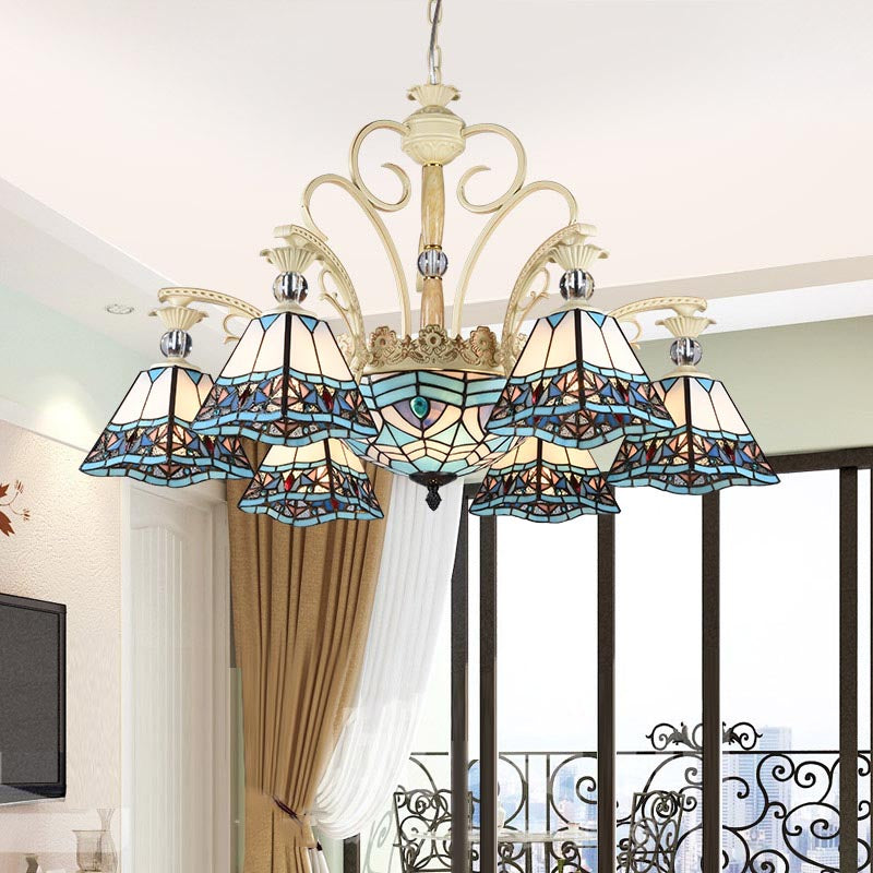 Stained Glass Blue Chandelier Light Fixture Pyramid 11 Lights Baroque Ceiling Suspension Lamp Blue Clearhalo 'Ceiling Lights' 'Chandeliers' 'Industrial' 'Middle Century Chandeliers' 'Tiffany Chandeliers' 'Tiffany close to ceiling' 'Tiffany' Lighting' 318404