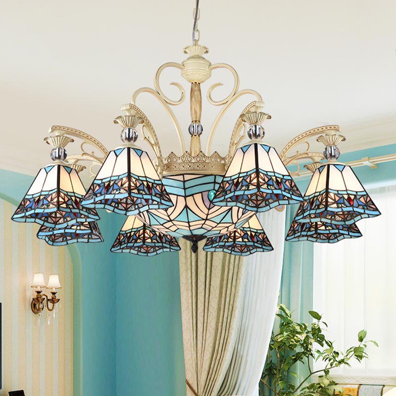 Stained Glass Blue Chandelier Light Fixture Pyramid 11 Lights Baroque Ceiling Suspension Lamp Clearhalo 'Ceiling Lights' 'Chandeliers' 'Industrial' 'Middle Century Chandeliers' 'Tiffany Chandeliers' 'Tiffany close to ceiling' 'Tiffany' Lighting' 318405