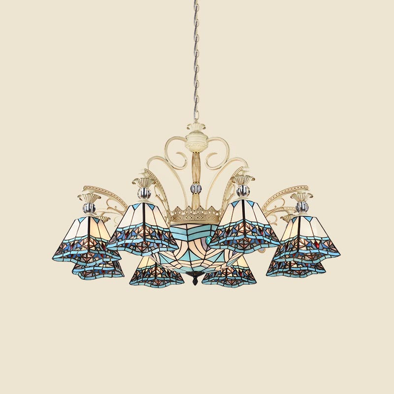 Stained Glass Blue Chandelier Light Fixture Pyramid 11 Lights Baroque Ceiling Suspension Lamp Clearhalo 'Ceiling Lights' 'Chandeliers' 'Industrial' 'Middle Century Chandeliers' 'Tiffany Chandeliers' 'Tiffany close to ceiling' 'Tiffany' Lighting' 318406