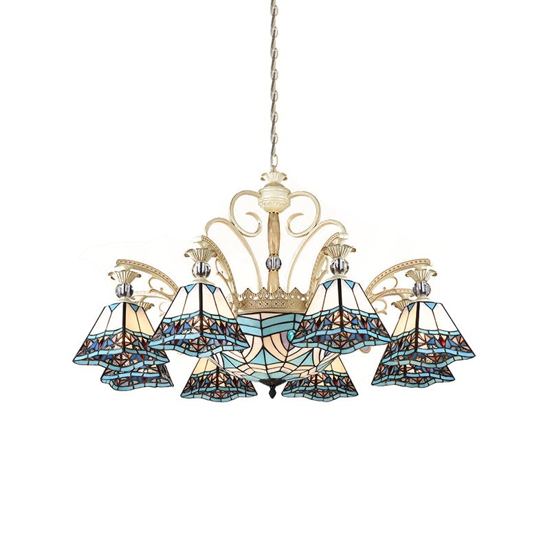 Stained Glass Blue Chandelier Light Fixture Pyramid 11 Lights Baroque Ceiling Suspension Lamp Clearhalo 'Ceiling Lights' 'Chandeliers' 'Industrial' 'Middle Century Chandeliers' 'Tiffany Chandeliers' 'Tiffany close to ceiling' 'Tiffany' Lighting' 318407