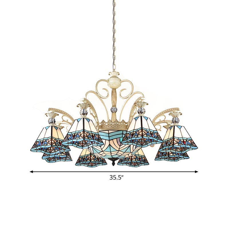 Stained Glass Blue Chandelier Light Fixture Pyramid 11 Lights Baroque Ceiling Suspension Lamp Clearhalo 'Ceiling Lights' 'Chandeliers' 'Industrial' 'Middle Century Chandeliers' 'Tiffany Chandeliers' 'Tiffany close to ceiling' 'Tiffany' Lighting' 318408
