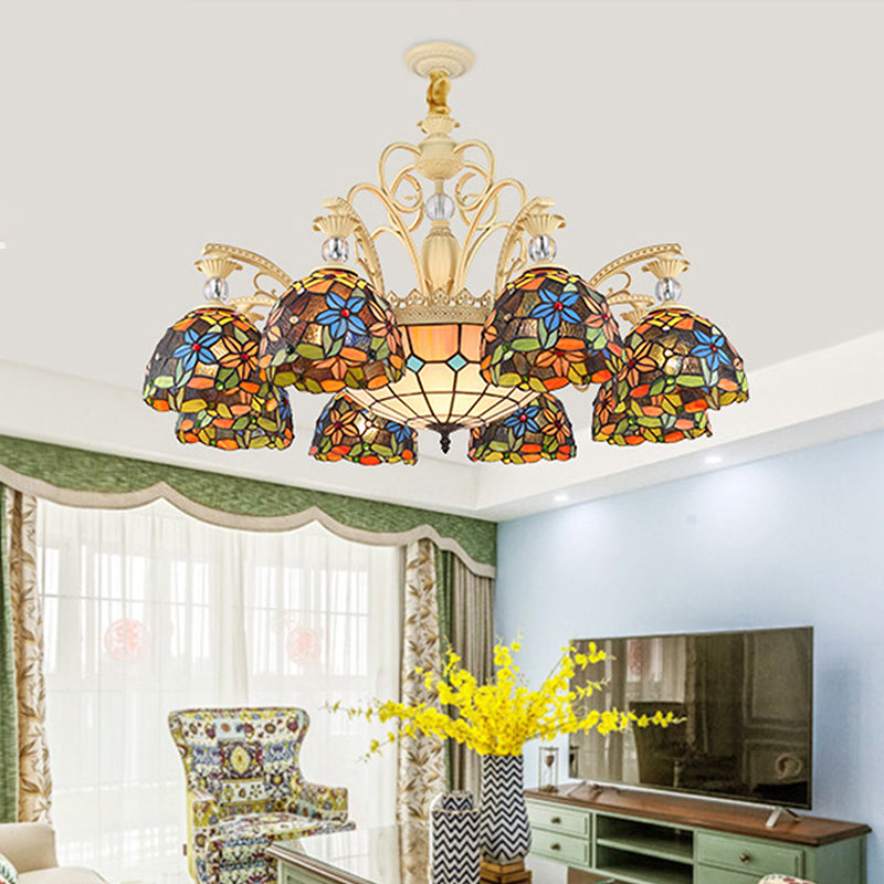 Mediterranean Floral Chandelier Lighting 6/9/11 Lights Stained Art Glass Pendant Light Kit in Orange 11 Orange Clearhalo 'Ceiling Lights' 'Chandeliers' 'Industrial' 'Middle Century Chandeliers' 'Tiffany Chandeliers' 'Tiffany close to ceiling' 'Tiffany' Lighting' 318409