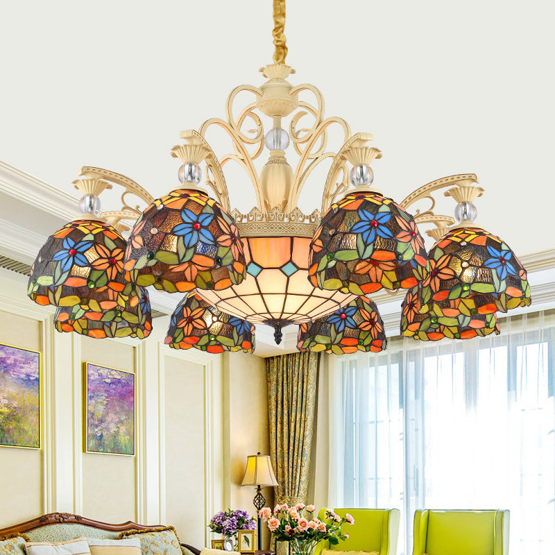 Mediterranean Floral Chandelier Lighting 6/9/11 Lights Stained Art Glass Pendant Light Kit in Orange Clearhalo 'Ceiling Lights' 'Chandeliers' 'Industrial' 'Middle Century Chandeliers' 'Tiffany Chandeliers' 'Tiffany close to ceiling' 'Tiffany' Lighting' 318410