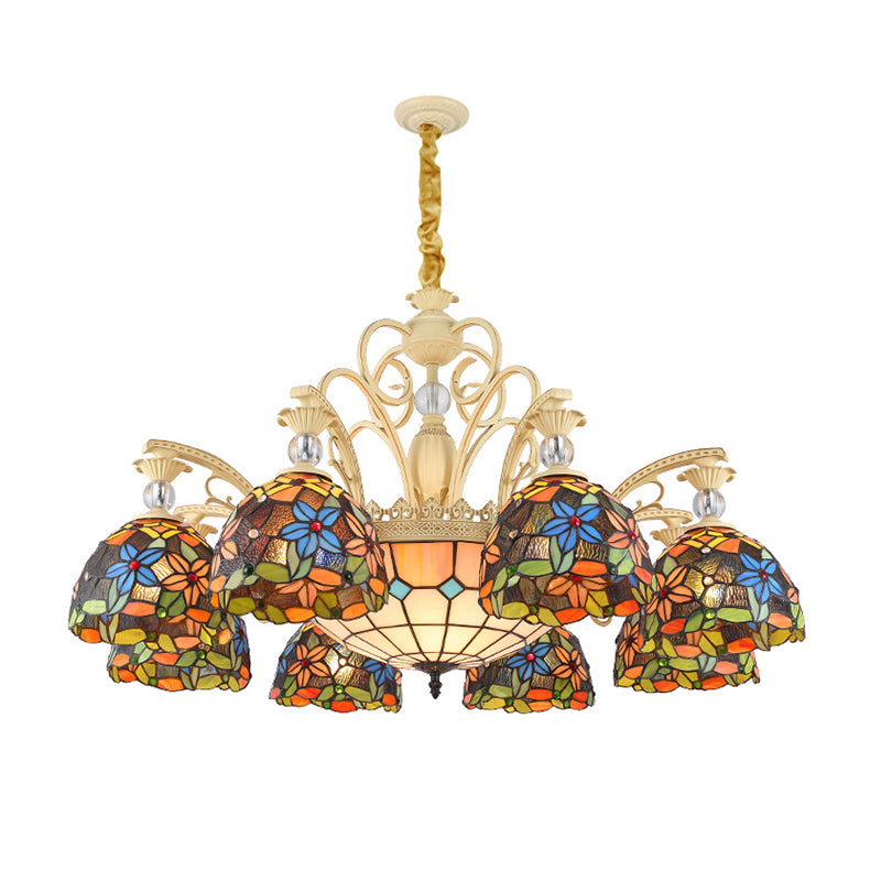 Mediterranean Floral Chandelier Lighting 6/9/11 Lights Stained Art Glass Pendant Light Kit in Orange Clearhalo 'Ceiling Lights' 'Chandeliers' 'Industrial' 'Middle Century Chandeliers' 'Tiffany Chandeliers' 'Tiffany close to ceiling' 'Tiffany' Lighting' 318412