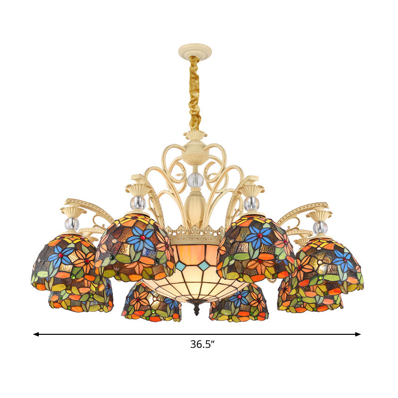 Mediterranean Floral Chandelier Lighting 6/9/11 Lights Stained Art Glass Pendant Light Kit in Orange Clearhalo 'Ceiling Lights' 'Chandeliers' 'Industrial' 'Middle Century Chandeliers' 'Tiffany Chandeliers' 'Tiffany close to ceiling' 'Tiffany' Lighting' 318413