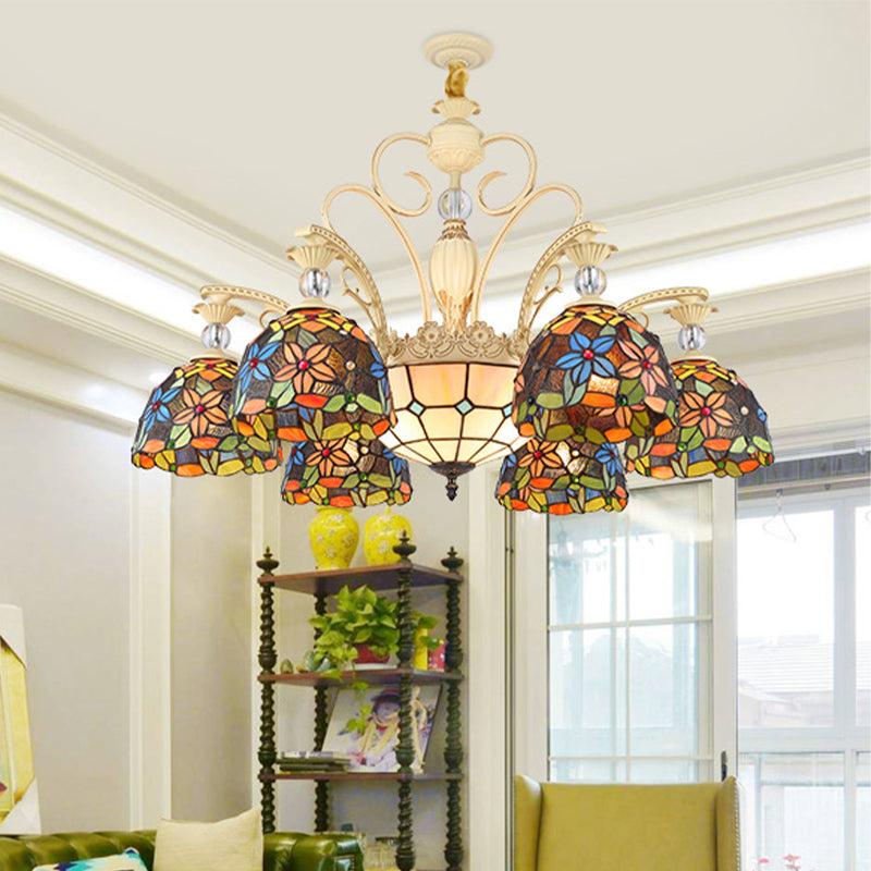 Mediterranean Floral Chandelier Lighting 6/9/11 Lights Stained Art Glass Pendant Light Kit in Orange 9 Orange Clearhalo 'Ceiling Lights' 'Chandeliers' 'Industrial' 'Middle Century Chandeliers' 'Tiffany Chandeliers' 'Tiffany close to ceiling' 'Tiffany' Lighting' 318414