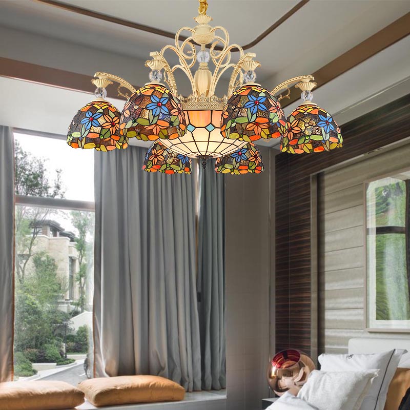 Mediterranean Floral Chandelier Lighting 6/9/11 Lights Stained Art Glass Pendant Light Kit in Orange Clearhalo 'Ceiling Lights' 'Chandeliers' 'Industrial' 'Middle Century Chandeliers' 'Tiffany Chandeliers' 'Tiffany close to ceiling' 'Tiffany' Lighting' 318415