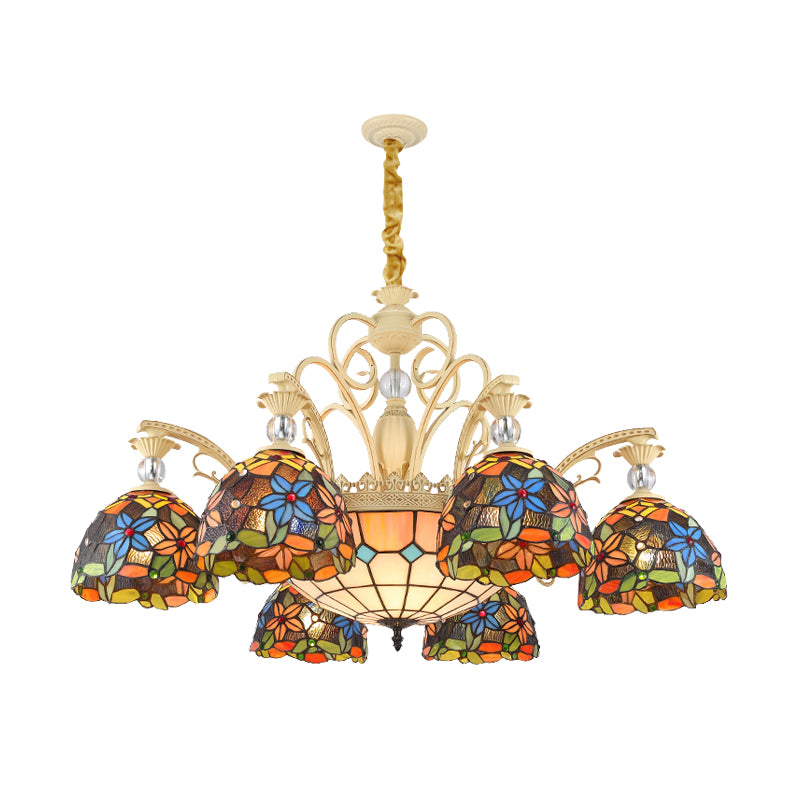 Mediterranean Floral Chandelier Lighting 6/9/11 Lights Stained Art Glass Pendant Light Kit in Orange Clearhalo 'Ceiling Lights' 'Chandeliers' 'Industrial' 'Middle Century Chandeliers' 'Tiffany Chandeliers' 'Tiffany close to ceiling' 'Tiffany' Lighting' 318416