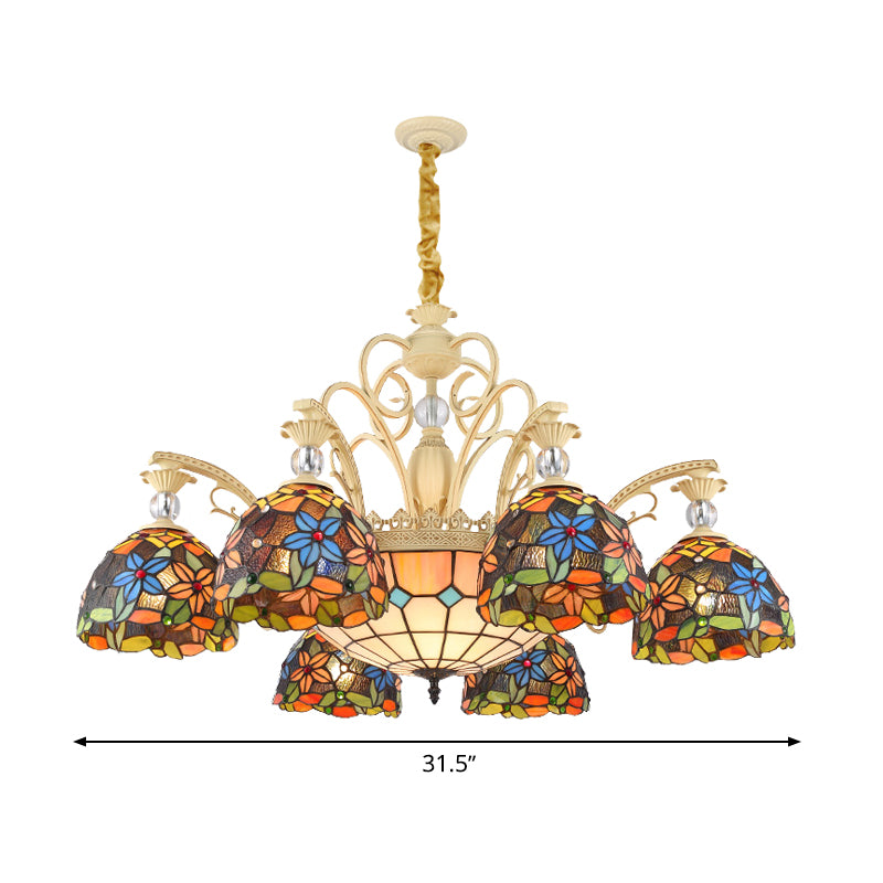 Mediterranean Floral Chandelier Lighting 6/9/11 Lights Stained Art Glass Pendant Light Kit in Orange Clearhalo 'Ceiling Lights' 'Chandeliers' 'Industrial' 'Middle Century Chandeliers' 'Tiffany Chandeliers' 'Tiffany close to ceiling' 'Tiffany' Lighting' 318417