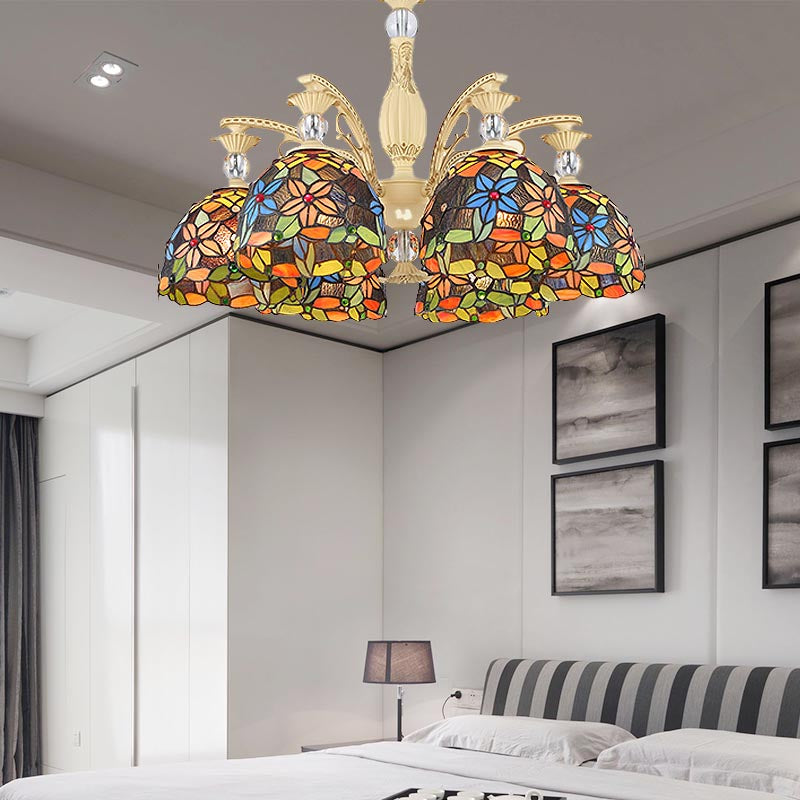 Mediterranean Floral Chandelier Lighting 6/9/11 Lights Stained Art Glass Pendant Light Kit in Orange Clearhalo 'Ceiling Lights' 'Chandeliers' 'Industrial' 'Middle Century Chandeliers' 'Tiffany Chandeliers' 'Tiffany close to ceiling' 'Tiffany' Lighting' 318419
