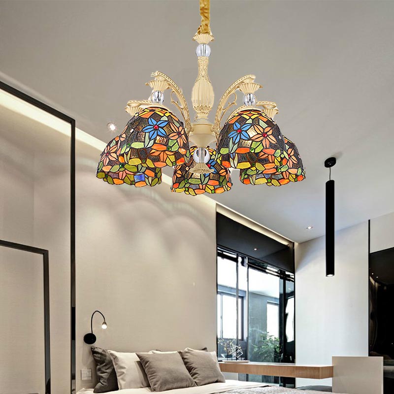 Mediterranean Floral Chandelier Lighting 6/9/11 Lights Stained Art Glass Pendant Light Kit in Orange Clearhalo 'Ceiling Lights' 'Chandeliers' 'Industrial' 'Middle Century Chandeliers' 'Tiffany Chandeliers' 'Tiffany close to ceiling' 'Tiffany' Lighting' 318423
