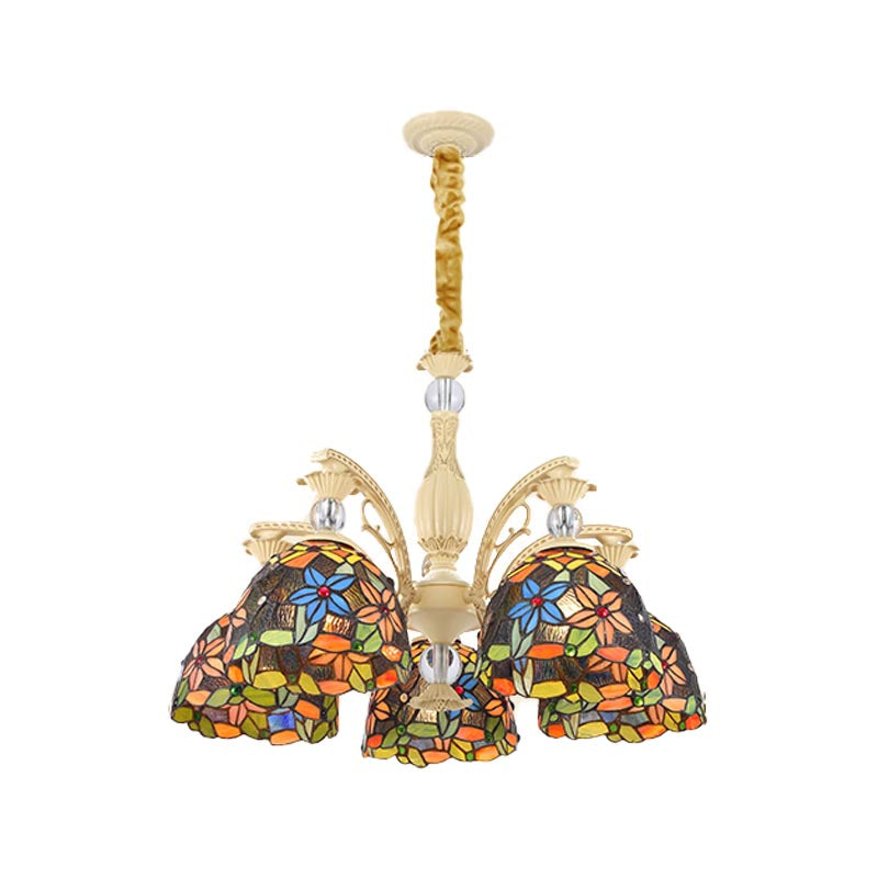 Mediterranean Floral Chandelier Lighting 6/9/11 Lights Stained Art Glass Pendant Light Kit in Orange Clearhalo 'Ceiling Lights' 'Chandeliers' 'Industrial' 'Middle Century Chandeliers' 'Tiffany Chandeliers' 'Tiffany close to ceiling' 'Tiffany' Lighting' 318424