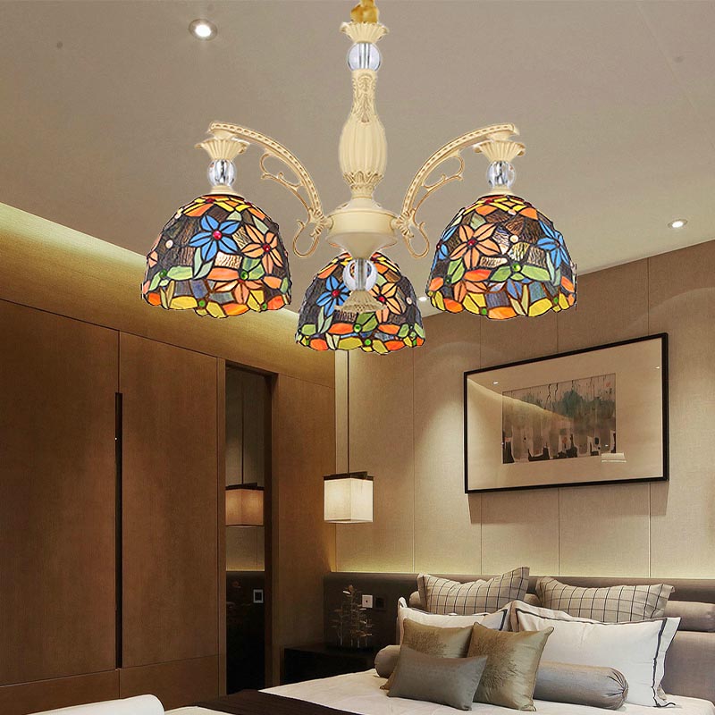 Mediterranean Floral Chandelier Lighting 6/9/11 Lights Stained Art Glass Pendant Light Kit in Orange Clearhalo 'Ceiling Lights' 'Chandeliers' 'Industrial' 'Middle Century Chandeliers' 'Tiffany Chandeliers' 'Tiffany close to ceiling' 'Tiffany' Lighting' 318427
