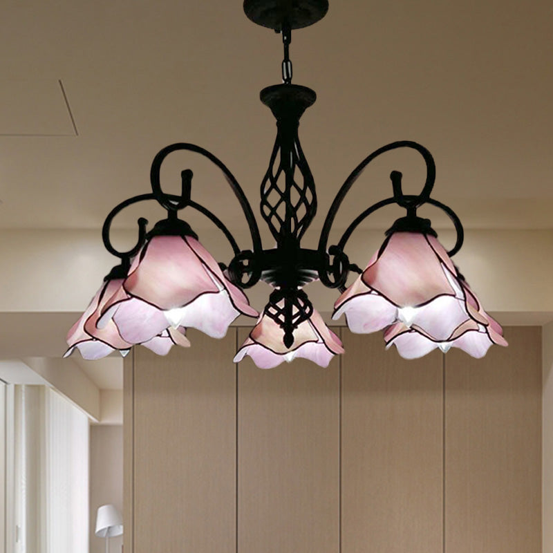Petal Chandelier Lighting Fixture Tiffany Pink/Blue Glass 5/8 Lights Black Ceiling Pendant Light for Bedroom Clearhalo 'Ceiling Lights' 'Chandeliers' 'Industrial' 'Middle Century Chandeliers' 'Tiffany Chandeliers' 'Tiffany close to ceiling' 'Tiffany' Lighting' 318431