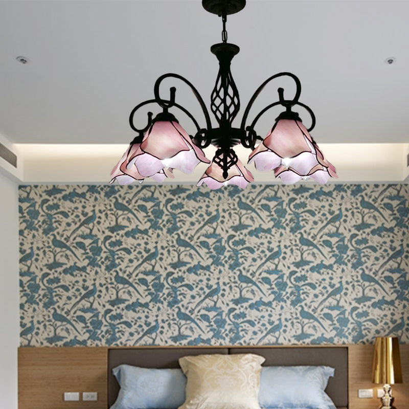 Petal Chandelier Lighting Fixture Tiffany Pink/Blue Glass 5/8 Lights Black Ceiling Pendant Light for Bedroom Clearhalo 'Ceiling Lights' 'Chandeliers' 'Industrial' 'Middle Century Chandeliers' 'Tiffany Chandeliers' 'Tiffany close to ceiling' 'Tiffany' Lighting' 318432