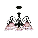 Petal Chandelier Lighting Fixture Tiffany Pink/Blue Glass 5/8 Lights Black Ceiling Pendant Light for Bedroom Clearhalo 'Ceiling Lights' 'Chandeliers' 'Industrial' 'Middle Century Chandeliers' 'Tiffany Chandeliers' 'Tiffany close to ceiling' 'Tiffany' Lighting' 318433