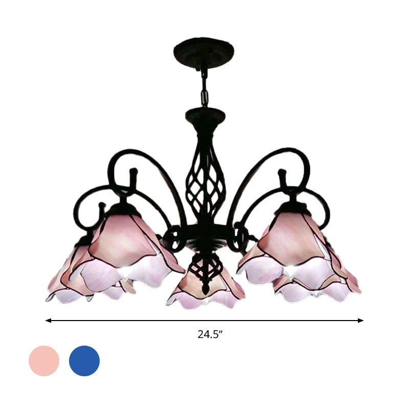 Petal Chandelier Lighting Fixture Tiffany Pink/Blue Glass 5/8 Lights Black Ceiling Pendant Light for Bedroom Clearhalo 'Ceiling Lights' 'Chandeliers' 'Industrial' 'Middle Century Chandeliers' 'Tiffany Chandeliers' 'Tiffany close to ceiling' 'Tiffany' Lighting' 318434