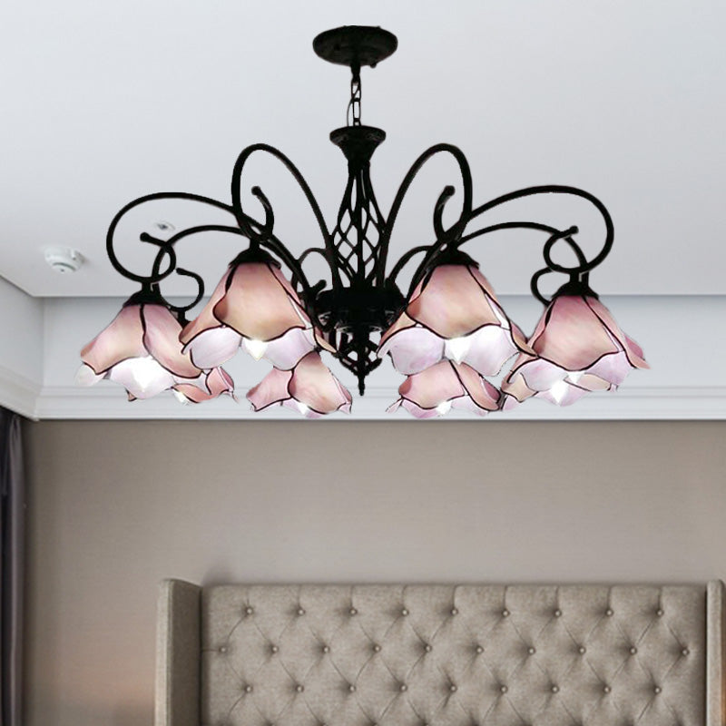 Petal Chandelier Lighting Fixture Tiffany Pink/Blue Glass 5/8 Lights Black Ceiling Pendant Light for Bedroom Clearhalo 'Ceiling Lights' 'Chandeliers' 'Industrial' 'Middle Century Chandeliers' 'Tiffany Chandeliers' 'Tiffany close to ceiling' 'Tiffany' Lighting' 318436
