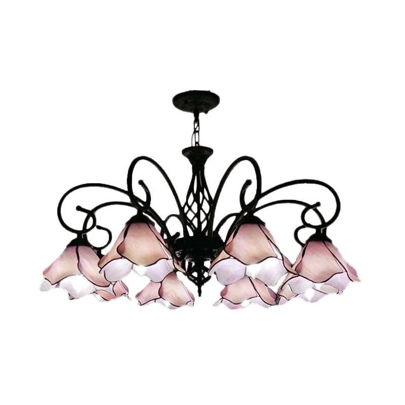 Petal Chandelier Lighting Fixture Tiffany Pink/Blue Glass 5/8 Lights Black Ceiling Pendant Light for Bedroom Clearhalo 'Ceiling Lights' 'Chandeliers' 'Industrial' 'Middle Century Chandeliers' 'Tiffany Chandeliers' 'Tiffany close to ceiling' 'Tiffany' Lighting' 318437