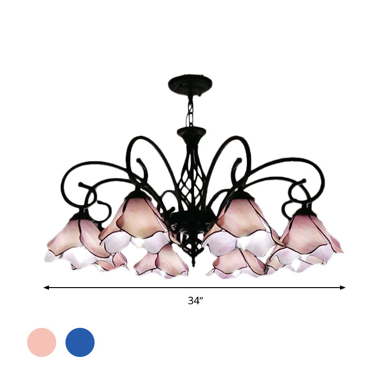 Petal Chandelier Lighting Fixture Tiffany Pink/Blue Glass 5/8 Lights Black Ceiling Pendant Light for Bedroom Clearhalo 'Ceiling Lights' 'Chandeliers' 'Industrial' 'Middle Century Chandeliers' 'Tiffany Chandeliers' 'Tiffany close to ceiling' 'Tiffany' Lighting' 318438