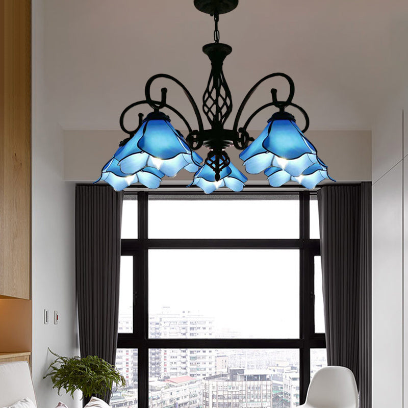 Petal Chandelier Lighting Fixture Tiffany Pink/Blue Glass 5/8 Lights Black Ceiling Pendant Light for Bedroom Clearhalo 'Ceiling Lights' 'Chandeliers' 'Industrial' 'Middle Century Chandeliers' 'Tiffany Chandeliers' 'Tiffany close to ceiling' 'Tiffany' Lighting' 318440