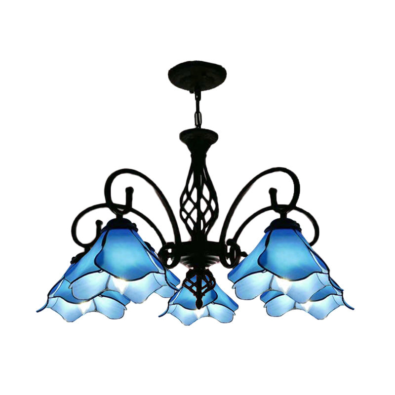 Petal Chandelier Lighting Fixture Tiffany Pink/Blue Glass 5/8 Lights Black Ceiling Pendant Light for Bedroom Clearhalo 'Ceiling Lights' 'Chandeliers' 'Industrial' 'Middle Century Chandeliers' 'Tiffany Chandeliers' 'Tiffany close to ceiling' 'Tiffany' Lighting' 318441