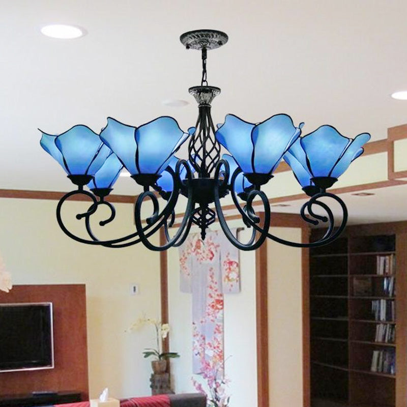 Petal Chandelier Lighting Fixture Tiffany Pink/Blue Glass 5/8 Lights Black Ceiling Pendant Light for Bedroom 8 Blue Clearhalo 'Ceiling Lights' 'Chandeliers' 'Industrial' 'Middle Century Chandeliers' 'Tiffany Chandeliers' 'Tiffany close to ceiling' 'Tiffany' Lighting' 318442