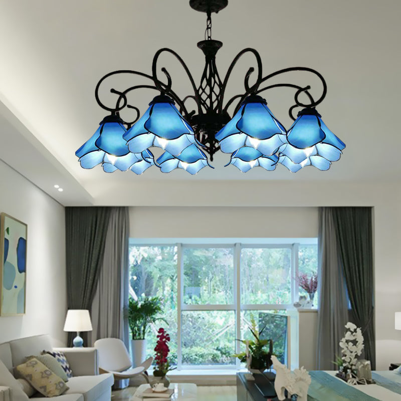Petal Chandelier Lighting Fixture Tiffany Pink/Blue Glass 5/8 Lights Black Ceiling Pendant Light for Bedroom Clearhalo 'Ceiling Lights' 'Chandeliers' 'Industrial' 'Middle Century Chandeliers' 'Tiffany Chandeliers' 'Tiffany close to ceiling' 'Tiffany' Lighting' 318443