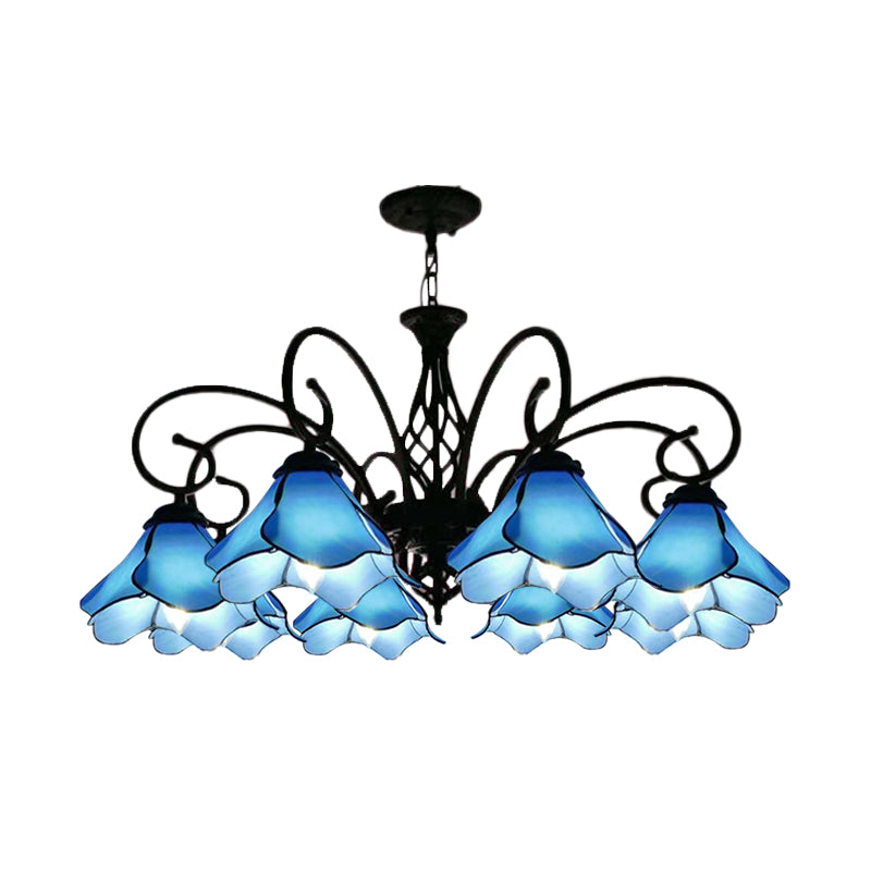 Petal Chandelier Lighting Fixture Tiffany Pink/Blue Glass 5/8 Lights Black Ceiling Pendant Light for Bedroom Clearhalo 'Ceiling Lights' 'Chandeliers' 'Industrial' 'Middle Century Chandeliers' 'Tiffany Chandeliers' 'Tiffany close to ceiling' 'Tiffany' Lighting' 318444