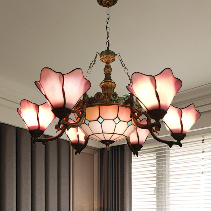 7/9 Lights Living Room Chandelier Lamp Baroque Black Pendant Light Fixture with Floral Pink/Yellow/Blue Glass Shade Clearhalo 'Ceiling Lights' 'Chandeliers' 'Industrial' 'Middle Century Chandeliers' 'Tiffany Chandeliers' 'Tiffany close to ceiling' 'Tiffany' Lighting' 318446