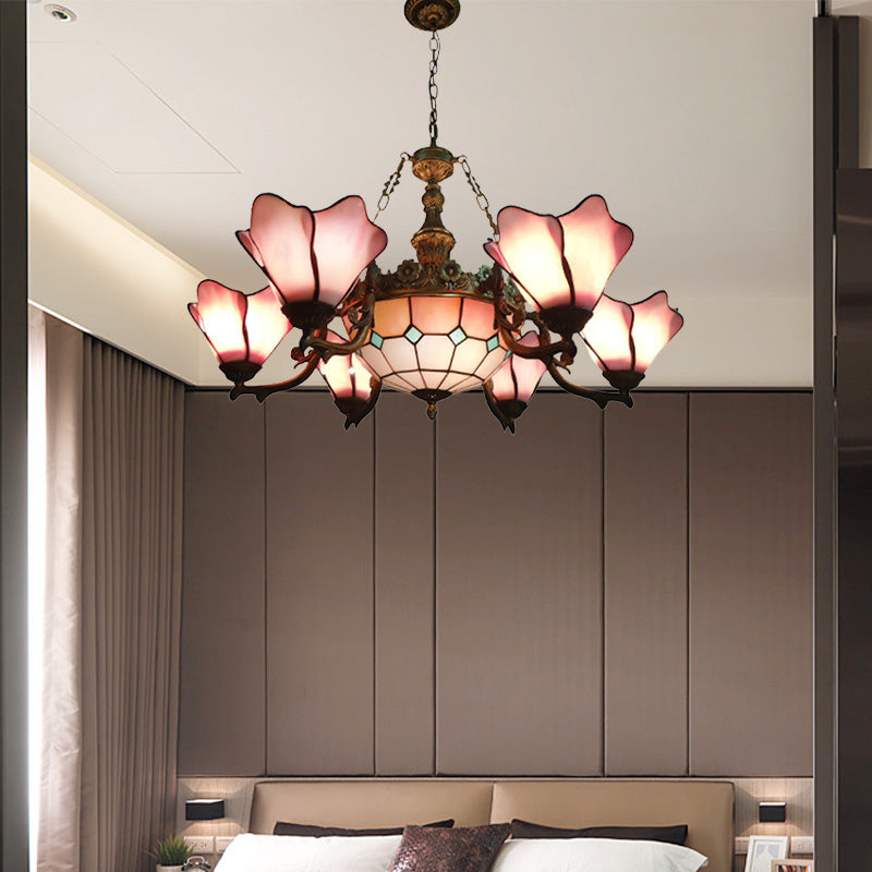 7/9 Lights Living Room Chandelier Lamp Baroque Black Pendant Light Fixture with Floral Pink/Yellow/Blue Glass Shade Clearhalo 'Ceiling Lights' 'Chandeliers' 'Industrial' 'Middle Century Chandeliers' 'Tiffany Chandeliers' 'Tiffany close to ceiling' 'Tiffany' Lighting' 318447
