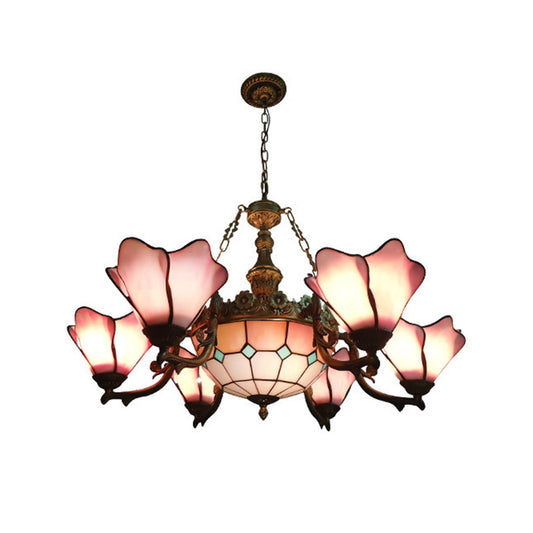7/9 Lights Living Room Chandelier Lamp Baroque Black Pendant Light Fixture with Floral Pink/Yellow/Blue Glass Shade Clearhalo 'Ceiling Lights' 'Chandeliers' 'Industrial' 'Middle Century Chandeliers' 'Tiffany Chandeliers' 'Tiffany close to ceiling' 'Tiffany' Lighting' 318448